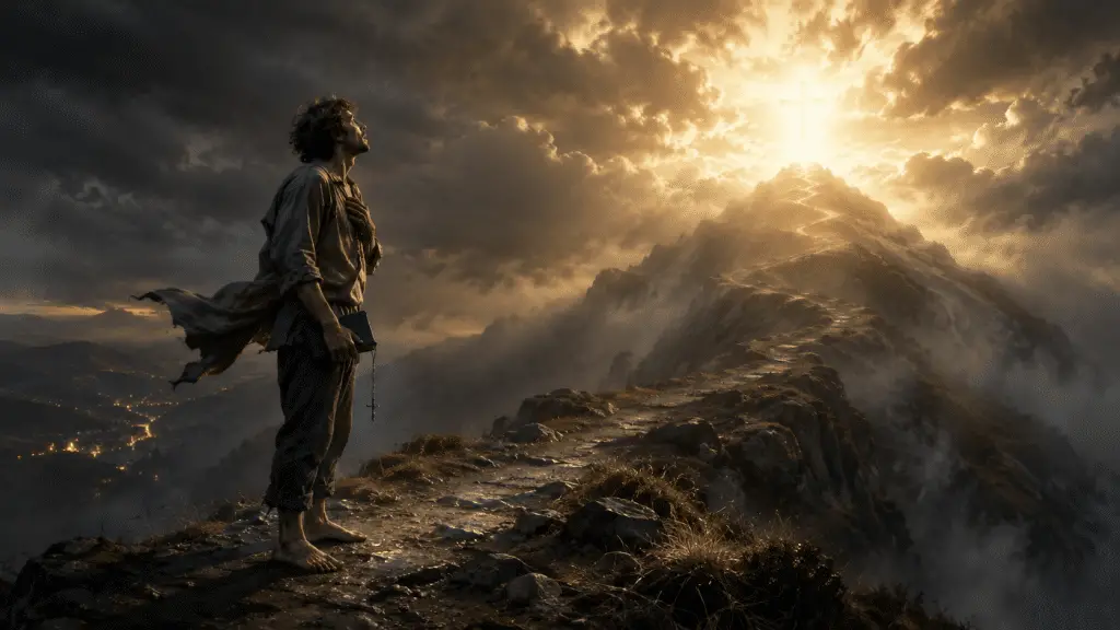 A barefoot believer stands at the edge of a misty mountain path at dawn, holding a Bible and rosary while looking toward a glowing cross-shaped light on a distant summit, symbolizing fear, surrender, and faith when God’s calling feels too big.
