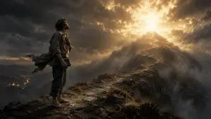 A barefoot believer stands at the edge of a misty mountain path at dawn, holding a Bible and rosary while looking toward a glowing cross-shaped light on a distant summit, symbolizing fear, surrender, and faith when God’s calling feels too big.