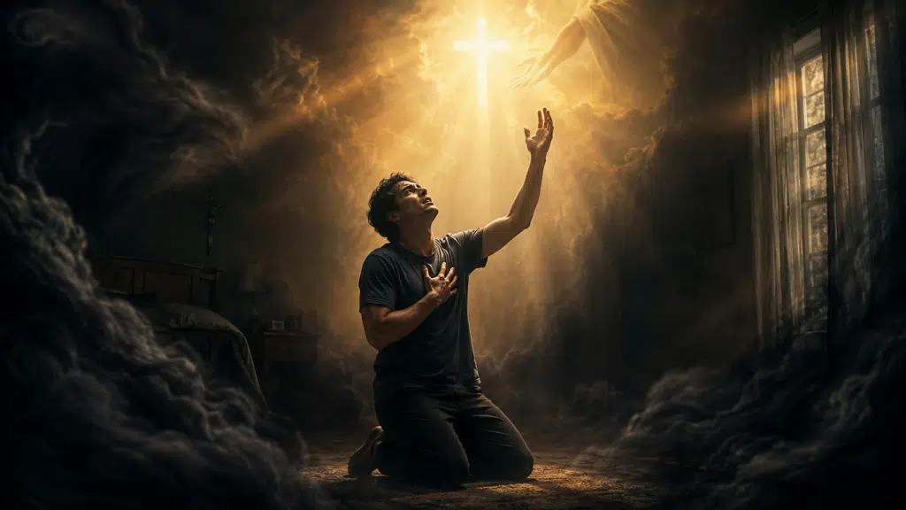 A distressed man kneels on the bedroom floor during a panic attack, clutching his chest while reaching toward heavenly golden light breaking through dark swirling shadows, with a glowing cross above symbolizing Christian hope, peace, and deliverance from anxiety.