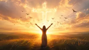 A woman raises her arms in worship in a golden sunrise field as birds fly overhead and a glowing Christian cross appears in the sky, symbolizing forgiveness, hope, and spiritual renewal.