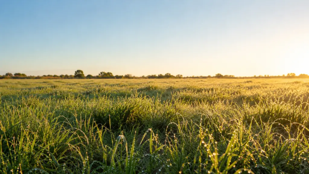 Prayer for a Fresh Start When You Feel You've Failed Bright golden morning sunlight flooding across a dew-covered meadow under a clear blue sky, evoking God's mercies new every morning and hope after failure