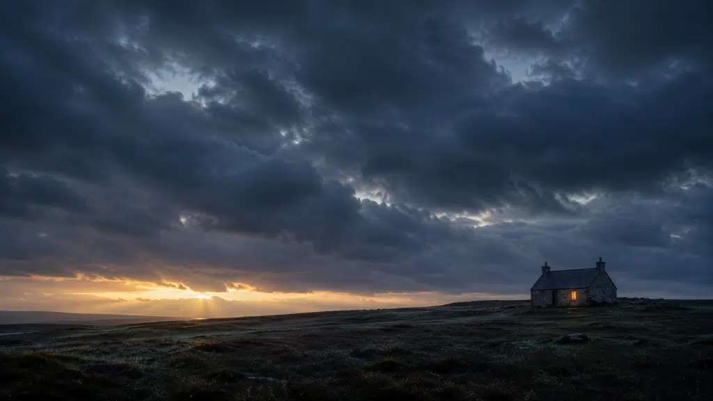 Psalm 91 prayer for protection imagery of a small cottage with a warm lit window sheltered beneath a vast storm sky breaking into dawn light