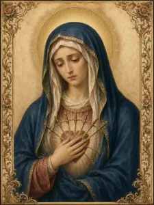 Our Lady of Sorrows in a traditional Catholic prayer card portrait, wearing a deep blue mantle and ivory veil, with tears on her face and seven swords piercing her sorrowful heart, framed by ornate floral borders and a golden halo.