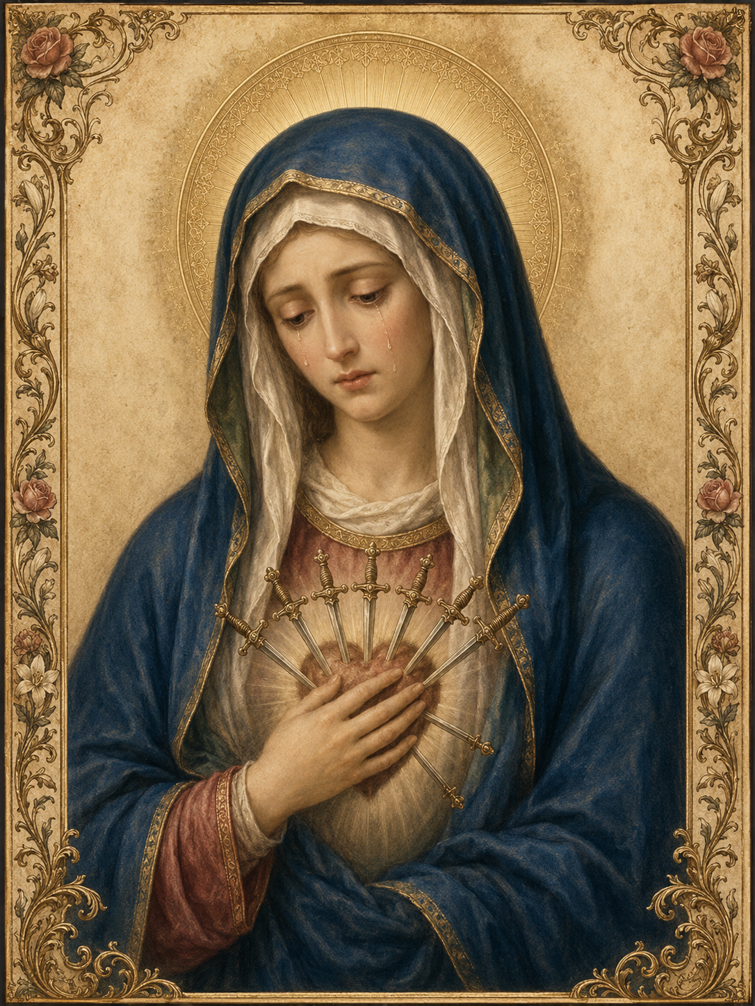 Our Lady of Sorrows in a traditional Catholic prayer card portrait, wearing a deep blue mantle and ivory veil, with tears on her face and seven swords piercing her sorrowful heart, framed by ornate floral borders and a golden halo.