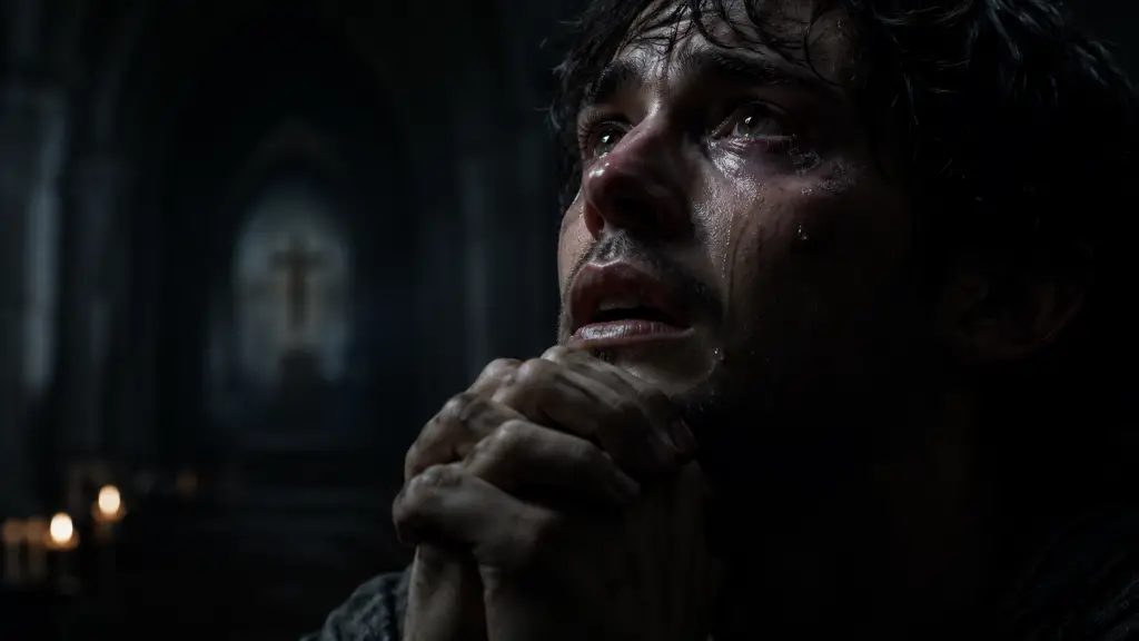 A tearful man clasps his hands in desperate prayer inside a dark church, expressing the pain of seeking God during a prayer when you feel abandoned.