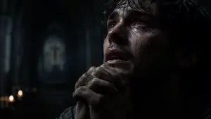 A tearful man clasps his hands in desperate prayer inside a dark church, expressing the pain of seeking God during a prayer when you feel abandoned.