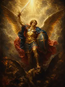 Saint Michael the Archangel stands in heavenly glory with sword raised, shield in hand, and radiant light streaming behind him, symbolizing saint michael prayer, protection, courage, and victory over darkness.