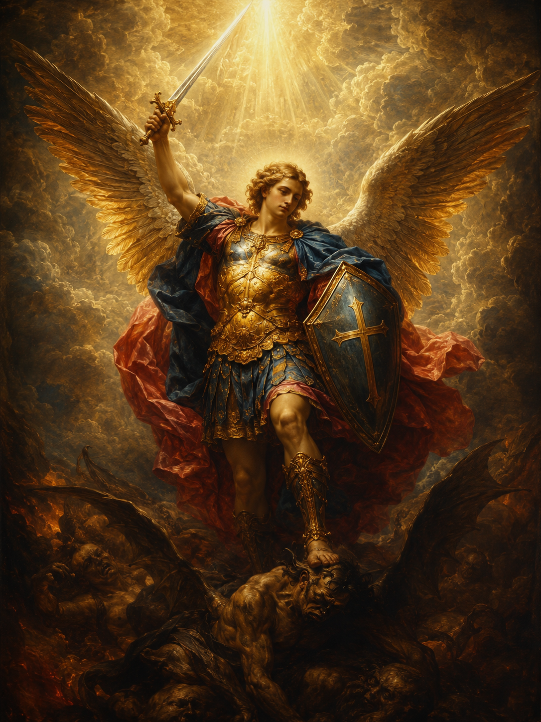 Saint Michael the Archangel stands in heavenly glory with sword raised, shield in hand, and radiant light streaming behind him, symbolizing saint michael prayer, protection, courage, and victory over darkness.