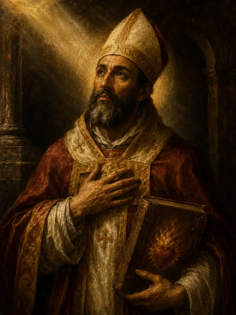 St. Augustine devotional portrait showing the saint as a bishop in traditional vestments, holding a book with a flaming heart, painted in dramatic old Catholic chiaroscuro style.