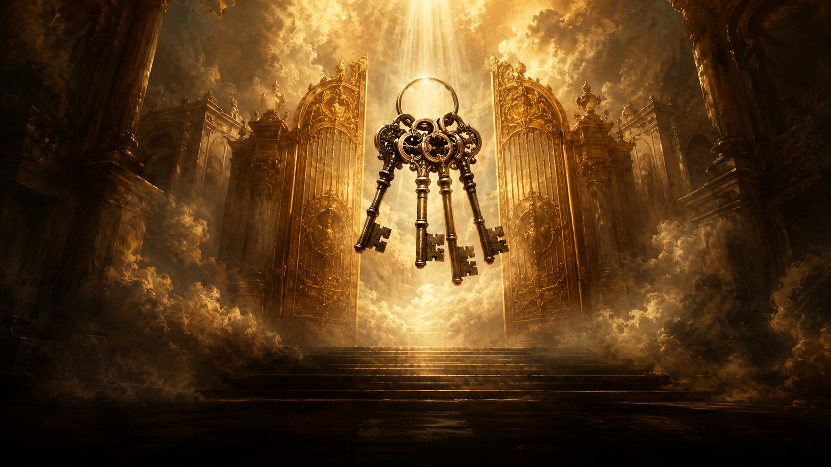 Ancient bronze keys before the gates of heaven