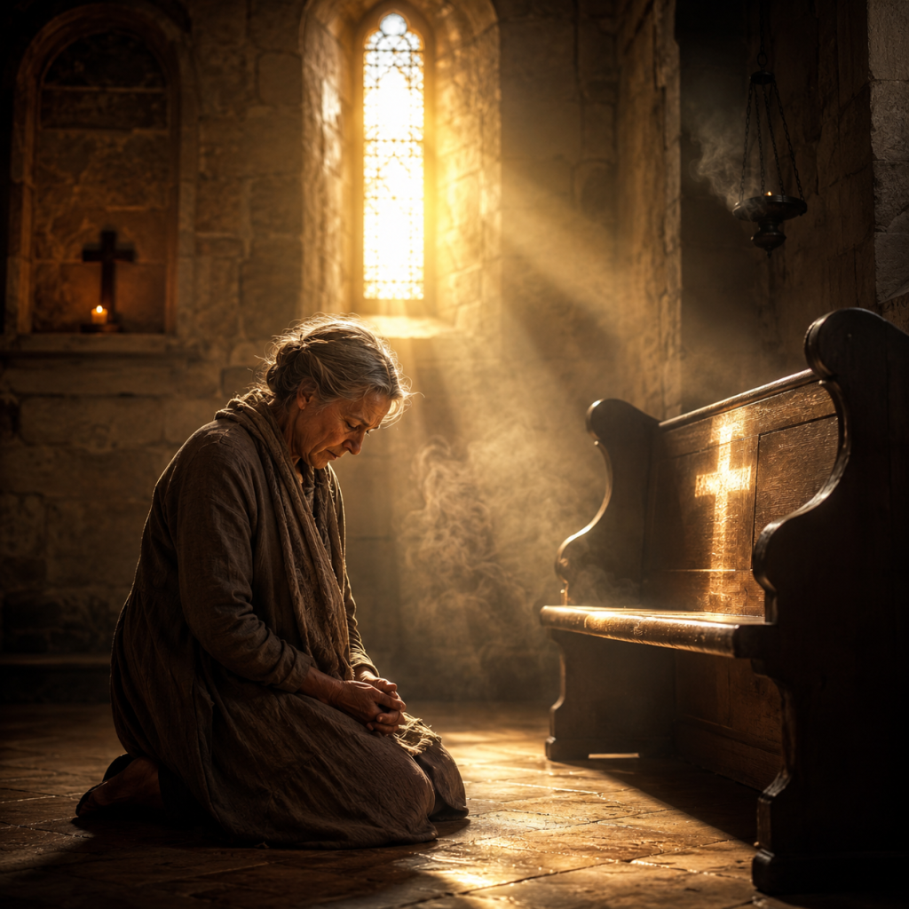Prayer for Healing of Emotional Wounds You Carry in Silence Elderly woman kneeling in prayer inside a stone chapel with golden light streaming through a cross-shaped window, prayer for trust in God's plan