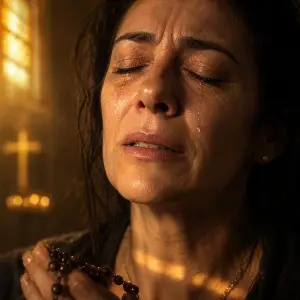 Close-up of a woman in prayer with tears on her face and golden sacred light, prayer for healing of emotional wounds
